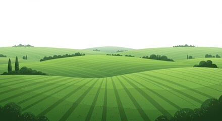 Naklejka premium A beautiful flat illustration of a vast countryside with rolling green hills stretching towards the horizon