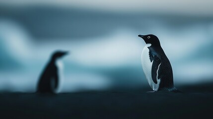 Obraz premium A pair of penguins stand together on a grassy field beneath a cloudy sky