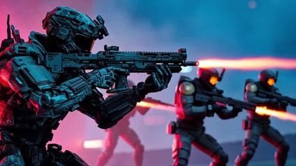 Futuristic robots soldiers execute tactical maneuvers in a neon lit arena, utilizing advanced tech and strategies in virtual combat