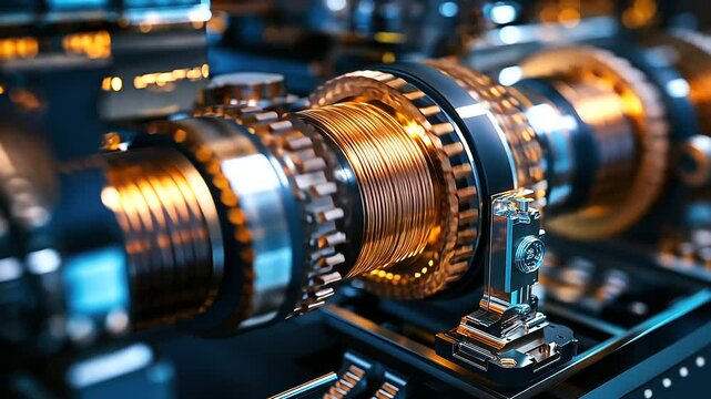 A close-up of a high-performance generator, showcasing its copper coils, intricate circuitry, and robust steel frame, with engineers inspecting the assembly.
