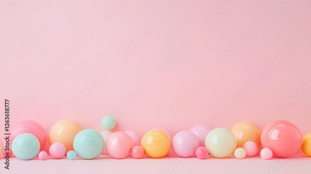 Poster colorful pastel spheres create a vibrant display against a pink background for artistic decoration. 