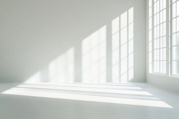 Fototapeta premium Gentle diffused shadows play across a minimalist interior with large windows during the day
