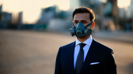 Businessman in suit wearing gas mask walking in urban environment at sunset - Powered by Adobe