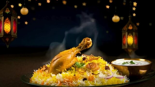 Chicken Biryani, hot steaming biryani, food stock video, biryani video, festival food, seamless looping, 4k video looping, dinner stock videos, food recipes, youtube videos, stock ai	