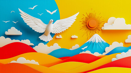 Obraz premium Papercut Illustration of a Peace Dove Flying Over Colorful Mountains
