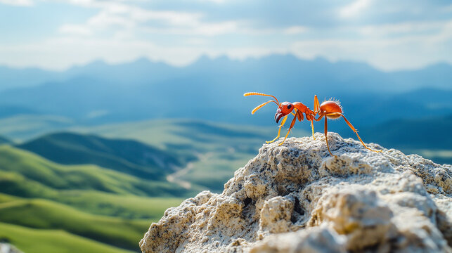 Closeup of a fire ant standing on the peak of a mountain and looking at a beautiful panorama view of a valley.