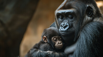 Obraz premium Closeup of a gorilla mother with its baby in the tropical rainforest.