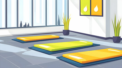 Modern yoga studio interior with mats, city view, and minimalist decor; ideal for wellness promotion