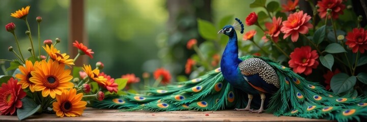 Naklejka premium Peacock in a floral arrangement on a wooden table, wooden table, natural