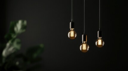   Three light bulbs dangle from a black wall, illuminating a potted plant and its neighboring potted plant
