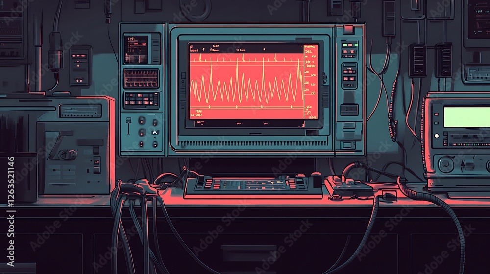 Poster retro futuristic lab with vintage computers and monitors displaying data.