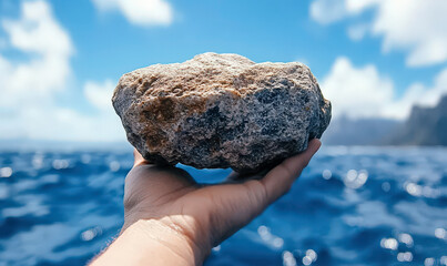 Hand Holding a Rock Against a Vibrant Ocean Background with Clear Blue Sky and Water Reflecting Sunshine