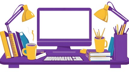 Purple Desk Computer Workspace, Lamps, Books, Coffee, Study, Office, Background