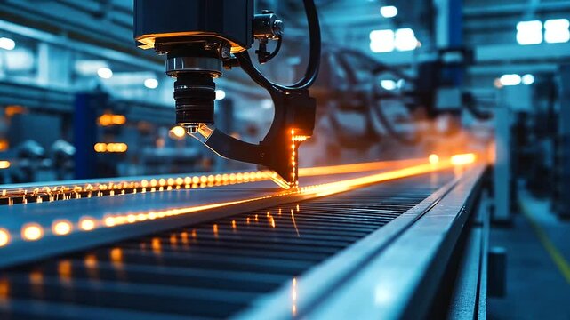 A futuristic automated factory, where intelligent machines analyze, cut, and bend titanium sheets, glowing control panels reflecting the precision of modern engineering.