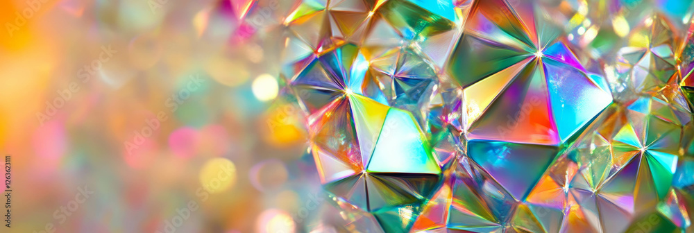 Poster angular bokeh shapes with sharp edges create vibrant crystalline sparkle in colorful texture