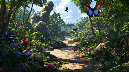 Fototapeta premium Tropical Path Butterflies flutter amidst lush jungle foliage, a rocky outcrop, and vibrant flowers; sunlight streams through the canopy; ideal for travel or game background