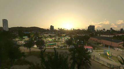 Fototapeta premium Sunset over coastal city park; playground, buildings, and palm trees; idyllic urban scene; perfect for travel brochures