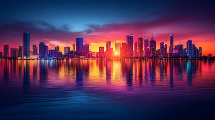 Fototapeta premium Vibrant city skyline sunset reflection, waterfront, colorful clouds, urban landscape, travel poster