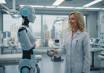 Woman doctor in white coat shakes hands with humanoid robot in modern hospital. Artificial intelligence technology in medicine. Healthcare innovation. Robotic assistant in medical facility.
