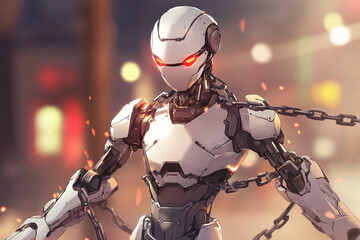 Naklejka premium a robot held back by chains, representing guardrails and safeguarding measures in genai