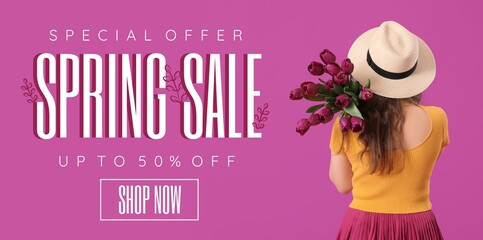 Banner for Spring Sale with woman holding tulip flowers, back view