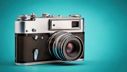 Vintage camera placed on a teal background showcases classic design and craftsmanship