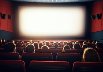 Fototapeta premium Audience watching a movie in a cinema with a bright screen