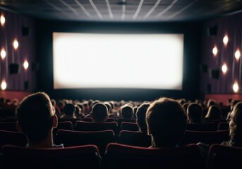 Obraz premium Audience watching a movie in a cinema with a large screen