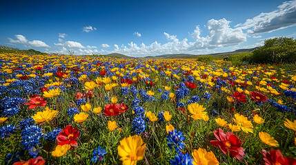 Fototapeta premium Vibrant wildflowers bloom in a sunny meadow under a blue sky with fluffy clouds, showcasing nature's beauty for travel brochures