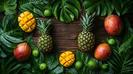 Fototapeta premium Tropical fruit arrangement on dark wood with lush green leaves