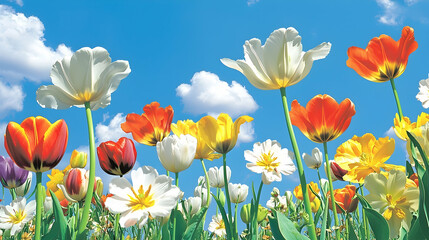 Colorful tulips bloom under a bright sunny sky with fluffy clouds; perfect for spring greeting cards