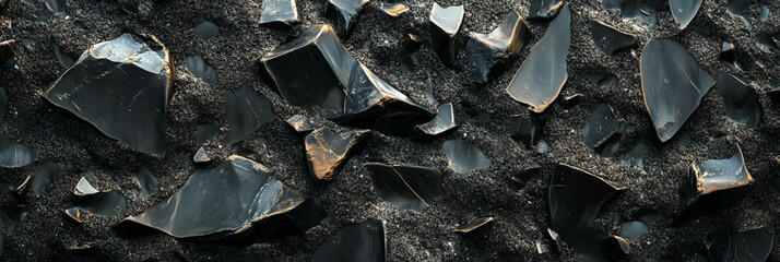 Unique texture of black sand featuring sharp obsidian fragments and reflective surfaces