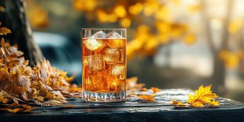 Refreshing drink served in a clear glass with ice outdoors among autumn leaves during golden hour