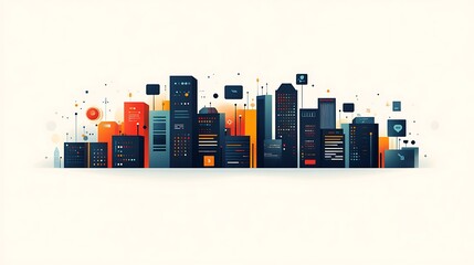 Abstract cityscape illustration with vibrant buildings and technological elements.
