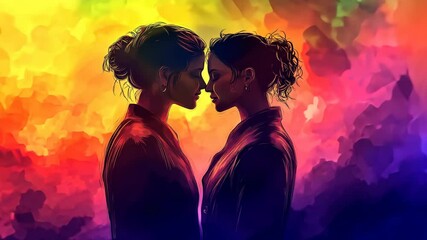 Romantic silhouettes of two women kissing against a colorful sunset. High quality 4k footage