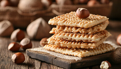 Delicious wafers with hazelnuts on brown wooden background