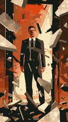 Businessman breaking traditional framework to explore new opportunities, symbolizing innovation and entrepreneurial spirit