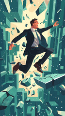 Businessman breaking traditional framework to explore new opportunities, symbolizing innovation and entrepreneurial spirit