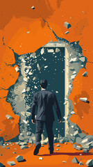 Businessman breaking traditional framework to explore new opportunities, symbolizing innovation and entrepreneurial spirit