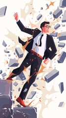 Businessman breaking traditional framework to explore new opportunities, symbolizing innovation and entrepreneurial spirit