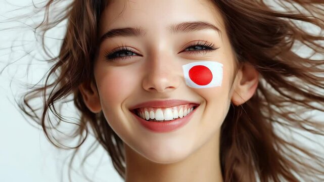 A joyful young woman displays her excitement for Japanese culture with playful face paint featuring the national flag while smiling over white backdrop