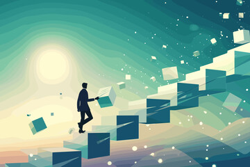 Businessman Building Success Stairway with Cube Letters, Illustrating Steps to Achieve Success in Corporate World