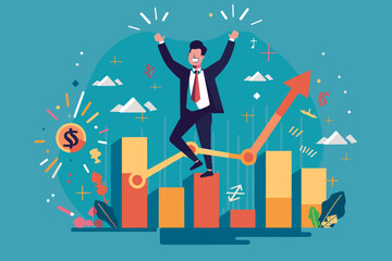 Businessman Celebrates Career Growth Standing on Top of Growth Chart, Flag in Hand, Symbol of Achievement
