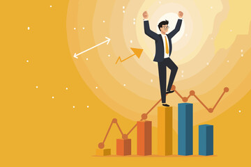 Businessman Celebrates Career Growth Standing on Top of Growth Chart, Flag in Hand, Symbol of Achievement