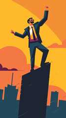 Businessman Celebrates Career Growth Standing on Top of Growth Chart, Flag in Hand, Symbol of Achievement