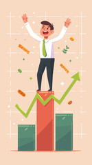 Businessman Celebrates Career Growth Standing on Top of Growth Chart, Flag in Hand, Symbol of Achievement