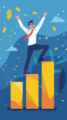 Businessman Celebrates Career Growth Standing on Top of Growth Chart, Flag in Hand, Symbol of Achievement