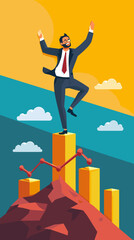 Businessman Celebrates Career Growth Standing on Top of Growth Chart, Flag in Hand, Symbol of Achievement