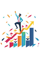 Businessman Celebrates Career Growth Standing on Top of Growth Chart, Flag in Hand, Symbol of Achievement