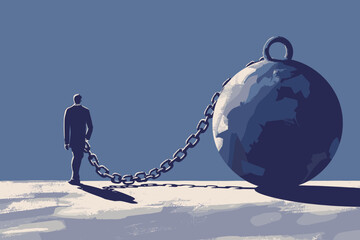 Businessman Chained to Metal Ball, Representing Financial Crisis and Burden in Business Environment